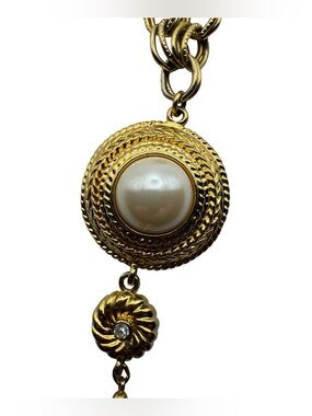 Vintage Gold Tone Faux Pearl Pendant Necklace Tassel‎ Drop Statement Retro